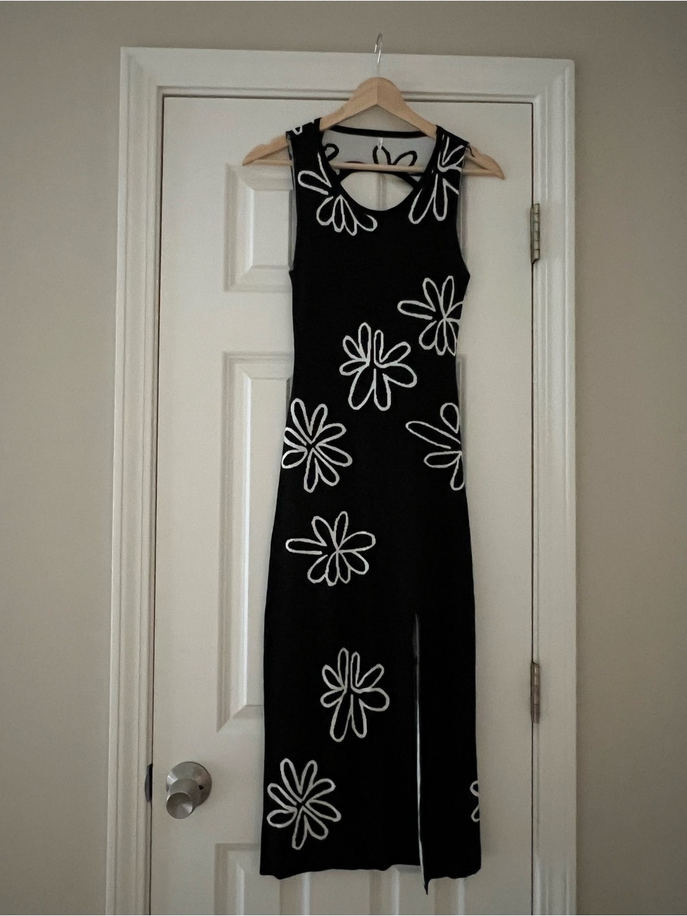 Black Floral Midi Dress with White Daisy Print